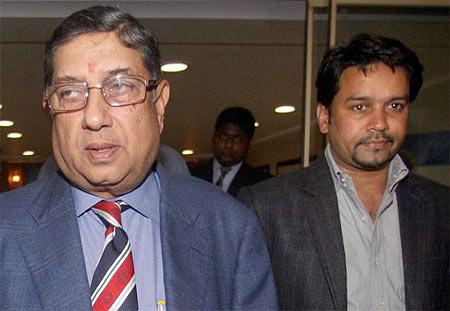 Former BCCI president N Srinivasan with board secretary Anurag Thakur