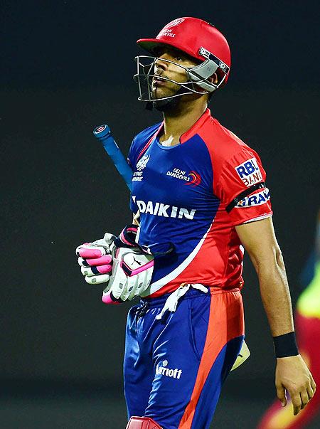 Delhi Daredevils' Yuvraj Singh walks after his dismissal against Royal Challengers Bangalore at Feroz Shah Kotla Stadium in New Delhi on Sunday