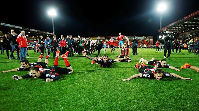 AFC Bournemouth players are ecstatic after their Sky Bet Football League Championship match against Bolton Wanderers at the Goldsands Stadium, Dean Court on Monday