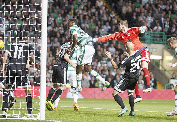 Celtic's Dedryck Boyata scores against FK Qarabag during the UEFA Champions League Third Qualifying Round, 1st Leg match, at Celtic Park in Glasgow, Scotland, on July 29