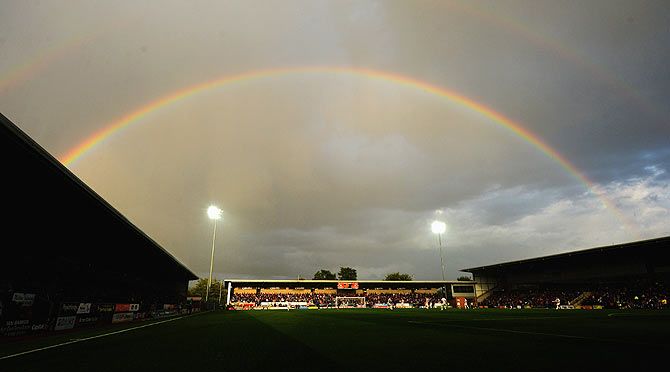 A rainbow over the Pirelli Stadium during the Pre-Season football friendly between Burton Albion and Leicester City at Pirelli Stadium in Burton-upon-Trent, England, on July 28