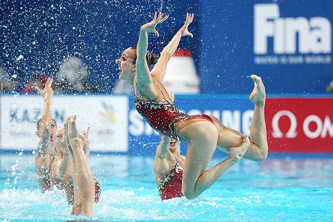 The Russia team compete in the Women's Free Combination Synchronised Swimming Final on Day 8 of the 16th FINA World Championships at the Kazan Arena in Kazan, Russia, on August 1