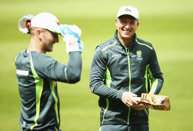 Peter Nevill and Brad Haddin of Australia train during a nets session