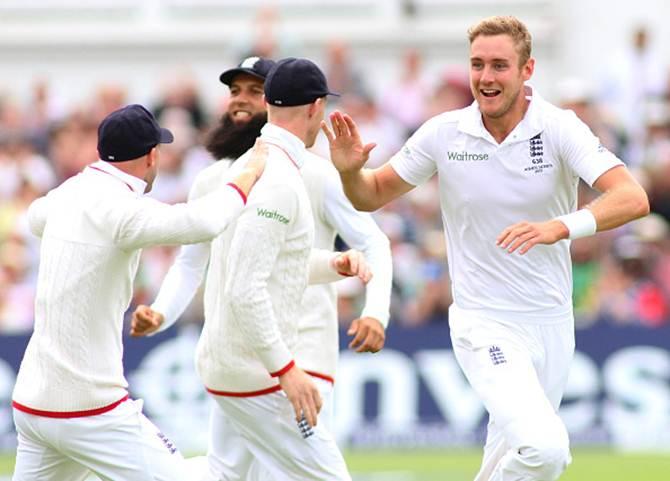 Stuart Broad celebrates the wicket of Michael Clarke