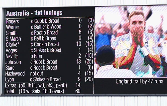 A view of the Australia's first innings scorecard showing England's Stuart Broad on the screen