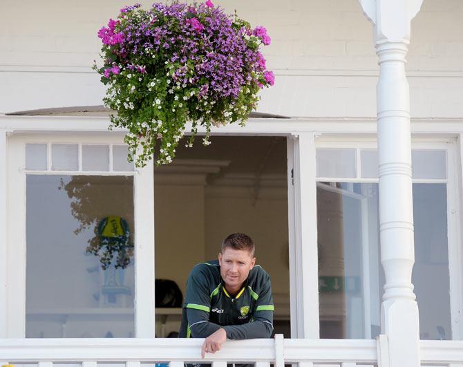 Australia's Michael Clarke on the balcony before play