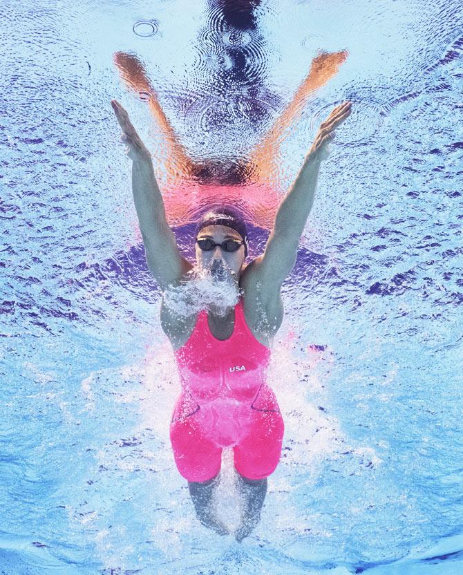 Micah Lawrence of the United States competes in the Women's 200m Breaststroke final on Friday