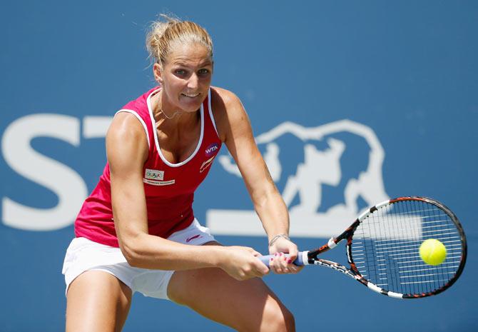 Czech Republic's Karolina Pliskova the returns a shot to Croatia's Ajla Tomljanovic during the Bank of the West Classic at Stanford University Taube Family Tennis Stadium in Stanford, California, on Friday