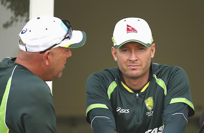 Australian coach Darren Lehmann and captain Michael Clarke at Trent Bridge