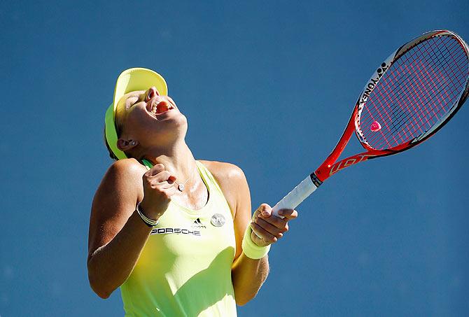 Germany's Angelique Kerber celebrates after defeating Czech Republic's Karolina Pliskova in the Bank of the West Classic final at Stanford University Taube Family Tennis Stadium in Stanford, California, on Saturday