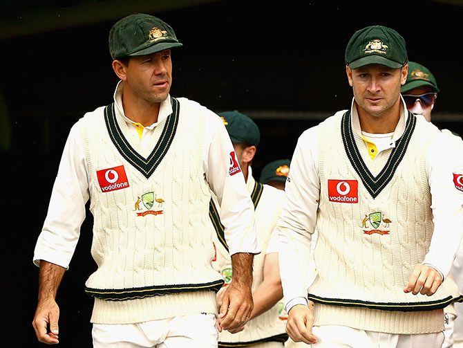 Ricky Ponting and Michael Clarke during an Ashes Test at the Melbourne Cricket Ground