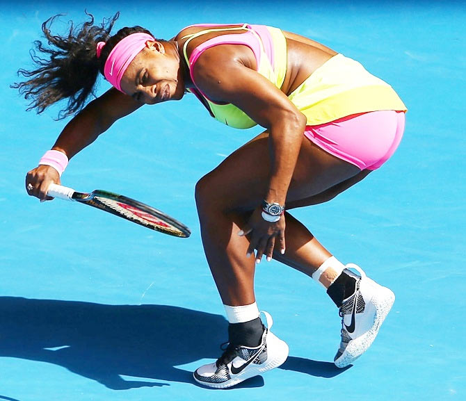 Serena Williams of the United States plays a forehand