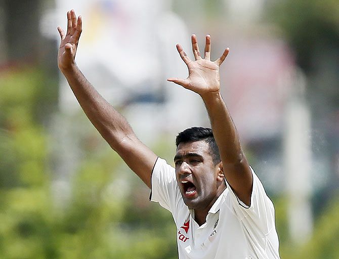 India's Ravichandran Ashwin appeals for the wicket of Sri Lanka's Dinesh Chandimal during the first Test in Galle