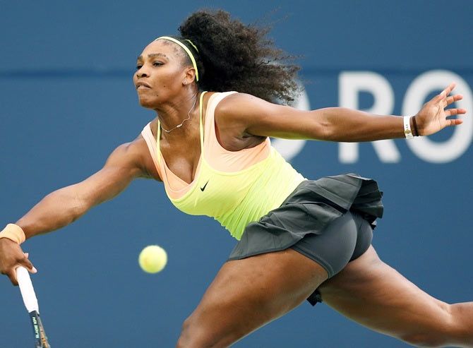 USA's Serena Williams plays a shot against Andrea Petkovic in their Rogers Cup match on Thursday, August 13