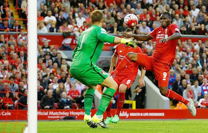 Christian Benteke scores the goal for Liverpool against AFC Bournemouth during their English Premier League match at Anfield stadium in Liverpool on Monday