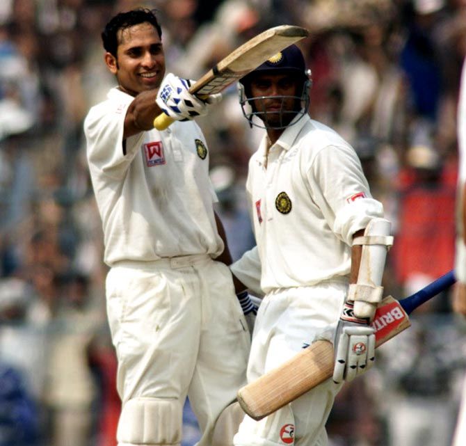 V V S Laxman celebrates his double century during the Test against Australia at the Eden Gardens, Kolkata, March 2001