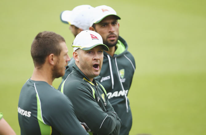 Michael Clarke of Australia looks on during a nets session ahead of the 5th Ashes Test match at The Kia Oval in London on Tuesday