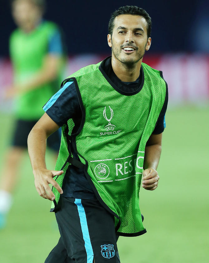 Barcelona's Pedro in action during a training session