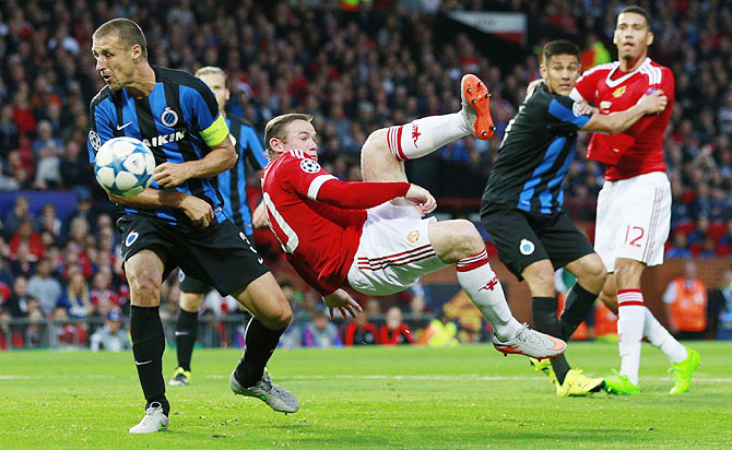 Manchester United's Wayne Rooney shoots during their UEFA Champions League Qualifying Play-Off First Leg match against Club Brugge at Old Trafford, Manchester on Tuesday, August 18