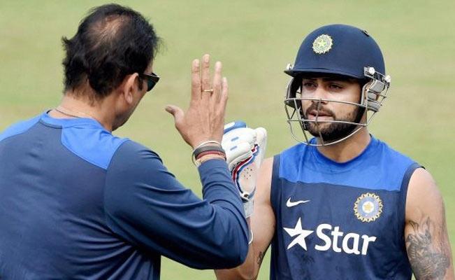 Virat Kohli with Ravi Shastri during a nets session