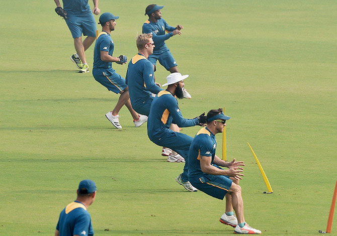 South African players during a practice sesion in New Delhi 