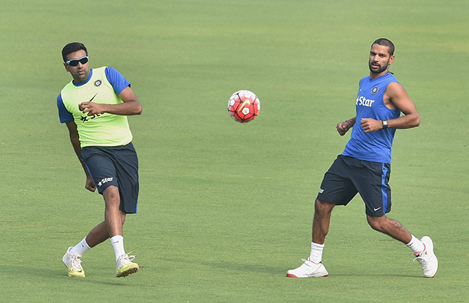 Ravichandran Ashwin and Shikhar Dhawan during a practice sesion in New Delhi 