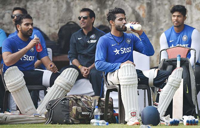 Rohit Sharma, Ravindra Jadeja and Umesh Yadav during a practice session in New Delhi 