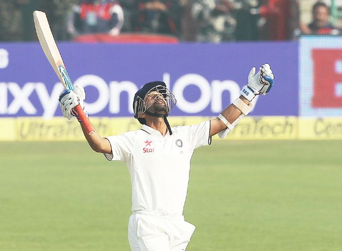 India's Ajinkya Rahane celebrates his century against South Africa during the 4th Test in Nagpur on Friday