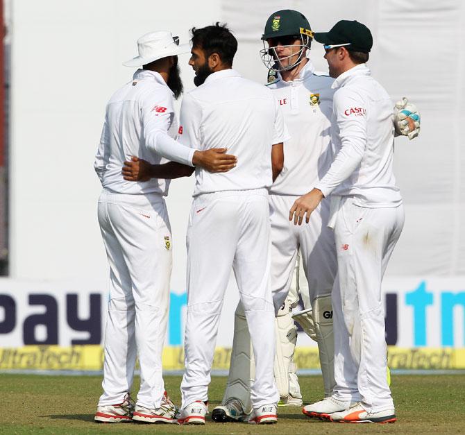 South Africa's Imran Tahir celebrates after dismissing India's Ajinkya Rahane