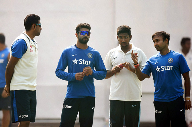 India's Amit Mishra, Ravichandran Ashwin and Ravindra Jadeja during a practice session 
