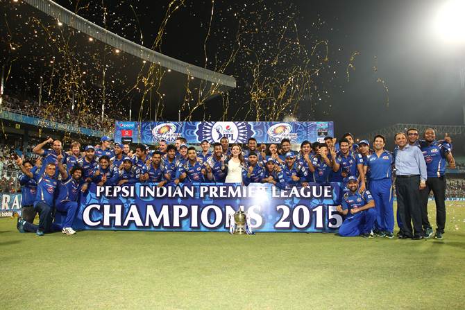 The Mumbai Indians squad after winning the eighth edition of the Indian Premier League