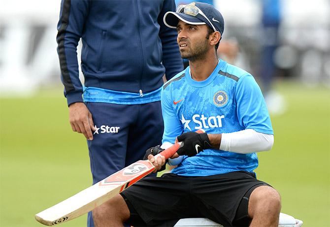 India's Ajinkya Rahane hits a ball during a training session 