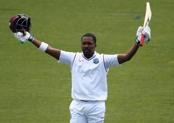 Darren Bravo of the West Indies celebrates after reaching his century 