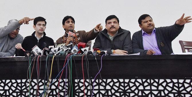 AAP spokespersons Ashutosh, Raghav Chadha, Kumar Vishwas, Sanjay Singh and Deepak Bajpai address the media in New Delhi on Thursday