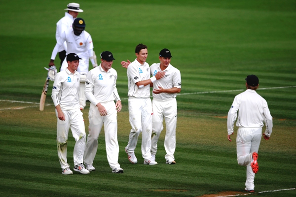 Trent Boult of New Zealand celebrates the wicket of Milinda Siriwardana of Sri Lanka 