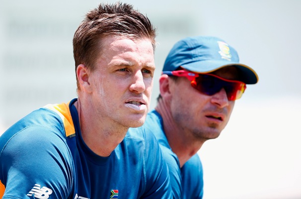 Fast bowlers Morne Morkel (left) and Dale Steyn look on during a South Africa training session 