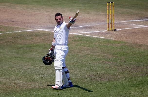 Dean Elgar of South Africa celebrates his century 