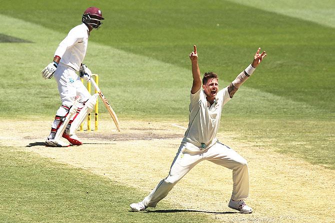 Australia's James Pattinson appeals unsuccessfully for a LBW against West Indies' Marlon Samuels