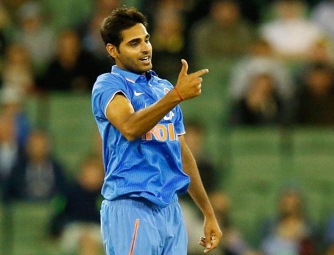 Bhuvneshwar Kumar of India celebrates 