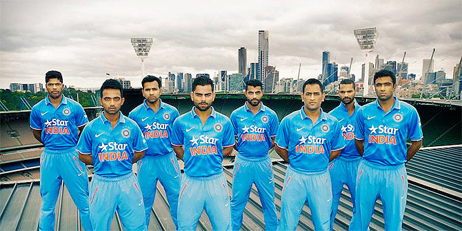 Team India's Umesh Yadav, Ajinkya Rahane, Rohit Sharma, Virat Kohli, Ravindra Jadeja, captain Mahendra Singh Dhoni, Shikhar Dhawan and R Ashwin in Melbourne