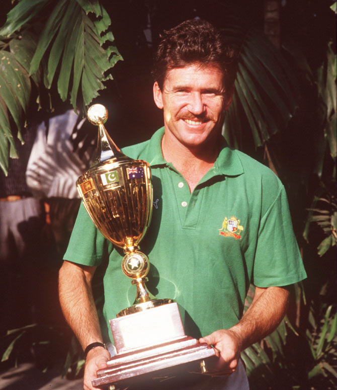 Allan Border poses with the World Cup after winning the 1987 World Cup in Calcutta