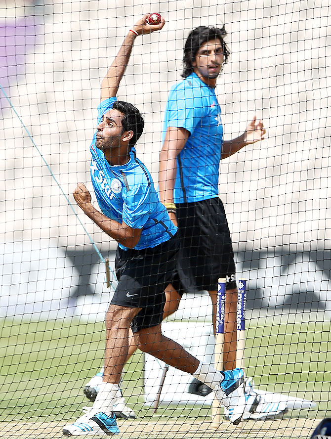 Bhuvneshwar Kumar and Ishant Sharma go through the grind during a Team India nets session