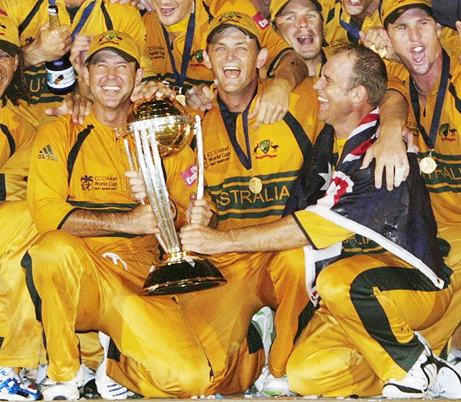  Australia's captain Ricky Ponting (left), wicketkeeper Adam Gilchrist (centre) and Matthew Hayden (front right) celebrate their victory over Sri Lanka in the 2007 World Cup final in Bridgetown. Barbados on April 28, 2007