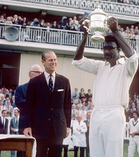 Clive Lloyd poses with the 1975 Prudential Cup