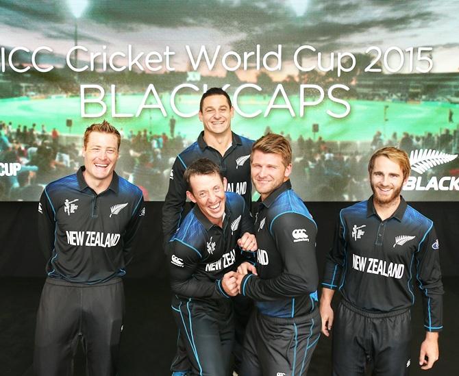 From left, Martin Guptill, Luke Ronchi, Nathan McCullum, Mitchell McClenaghan and Kane Williamson 