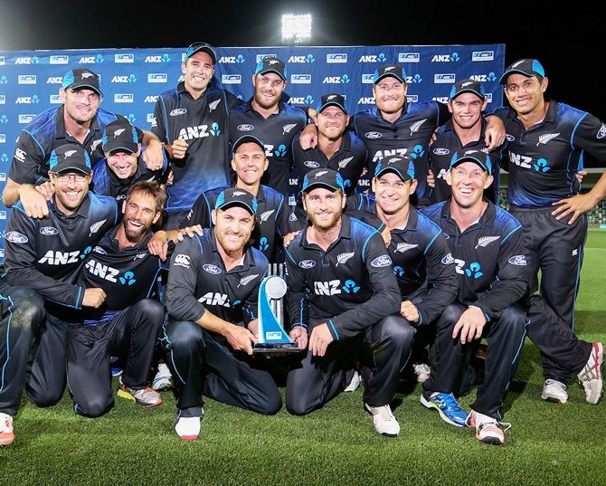 Captain Brendon McCullum and Kane Williamson of New Zealand hold the ANZ Series trophy