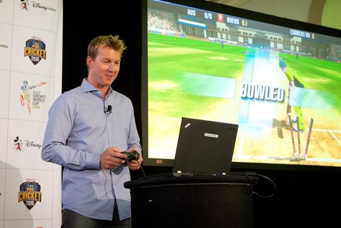 Brett Lee  tries out the official World Cup game by Disney India – ICC Pro Cricket 2015 – during its unveiling in Sydney
