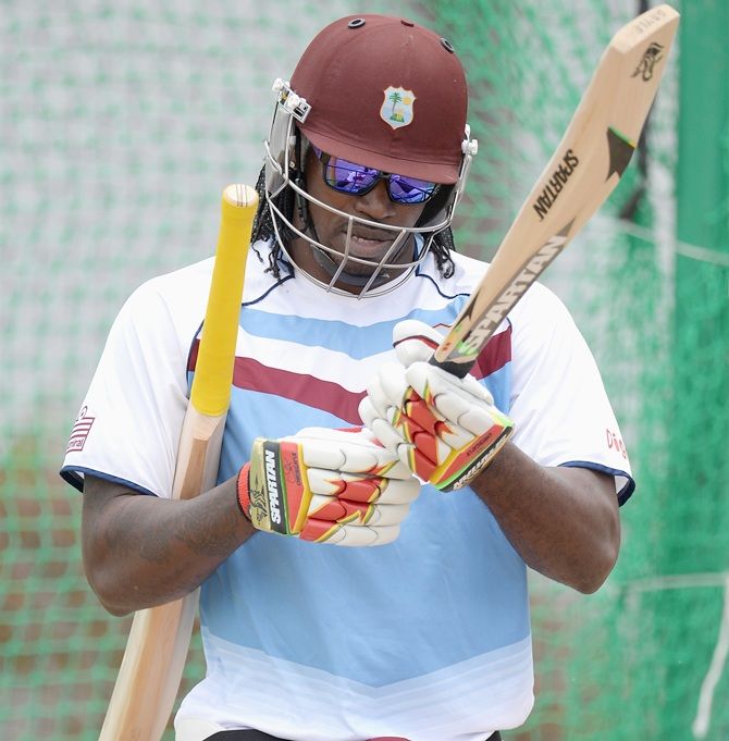 Chris Gayle of the West Indies walks from the nets 