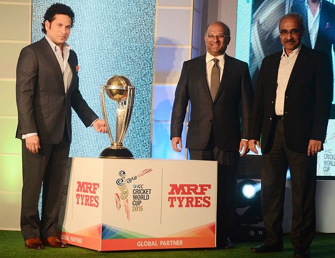 Sachin Tendulkar with the World Cup trophy at MRF's promotional event in Mumbai on Saturday