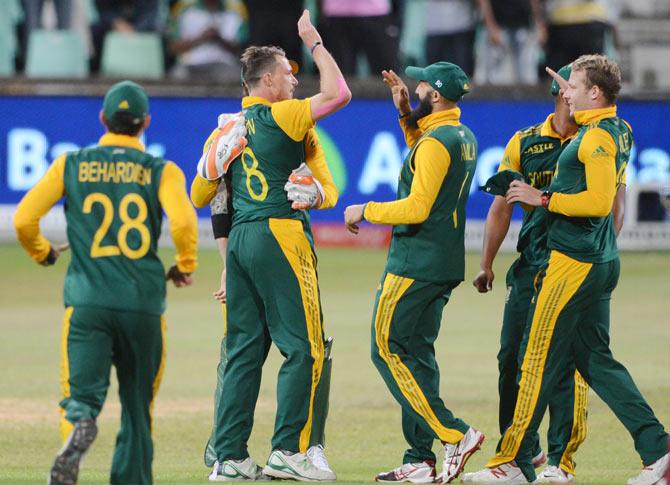 South Africa players celebrate a wicket